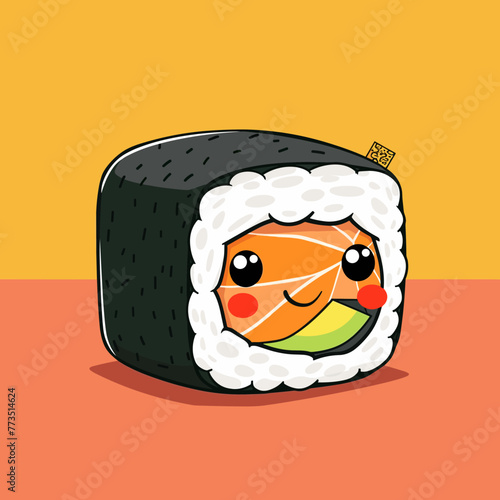 Sushi roll with salmon and avocado. Japanese food. Vector illustration.