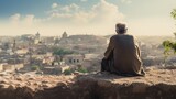 A old man sits on a ledge, gazing at a city in ruins