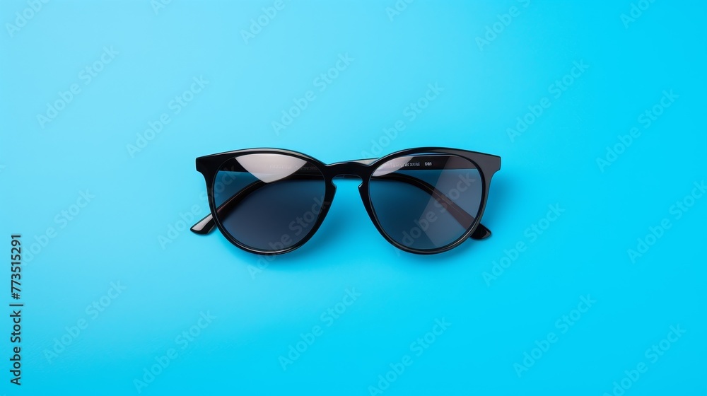 A pair of black sunglasses placed on a blue background A pair of black sunglasses placed on a blue background