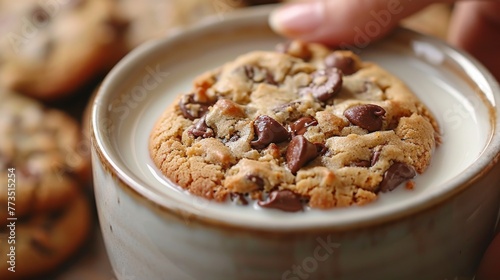 Close-up of a delicious chocolate chip cookie with gooey chocolate morsels