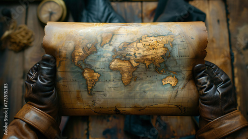Antique World Map in Gloved Hands, Vintage Travel and Exploration