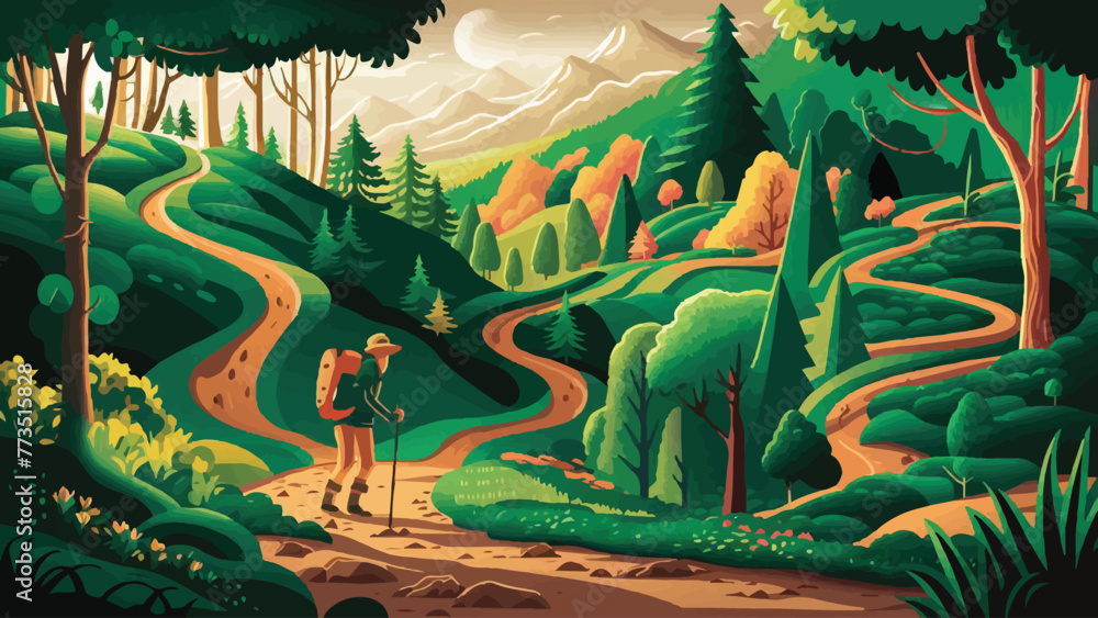 Exploring the Wilderness: Adventure Illustration of a Nature Trail Amidst Towering Trees