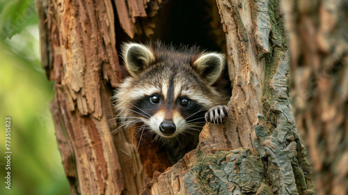 A cute baby raccoon peeking out from a hollow tree trunk, its masked face filled with playful curiosity.