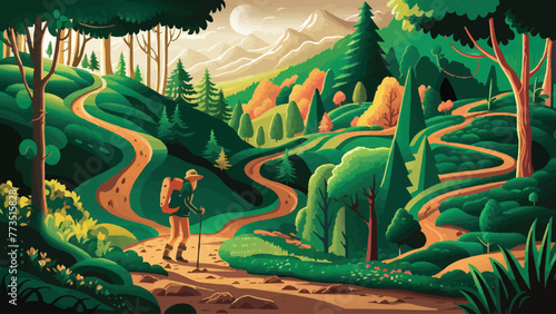 Exploring the Wilderness: Adventure Illustration of a Nature Trail Amidst Towering Trees © Hogr