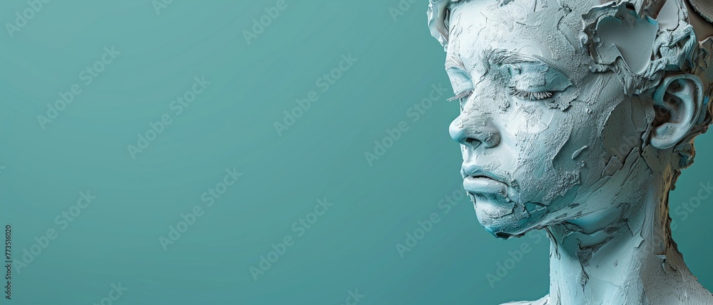 3D clay portrait of a pensive boy, pastel hues, isolated on solid teal, head sculpture, ample banner space