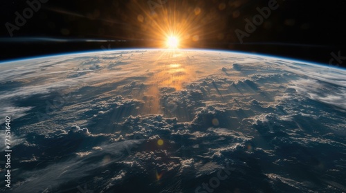 The sun is shining over the earth as seen from space. Generative AI.