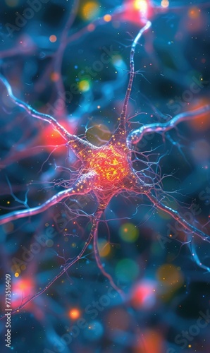 A close up of a neuron with bright lights and reds. Generative AI.