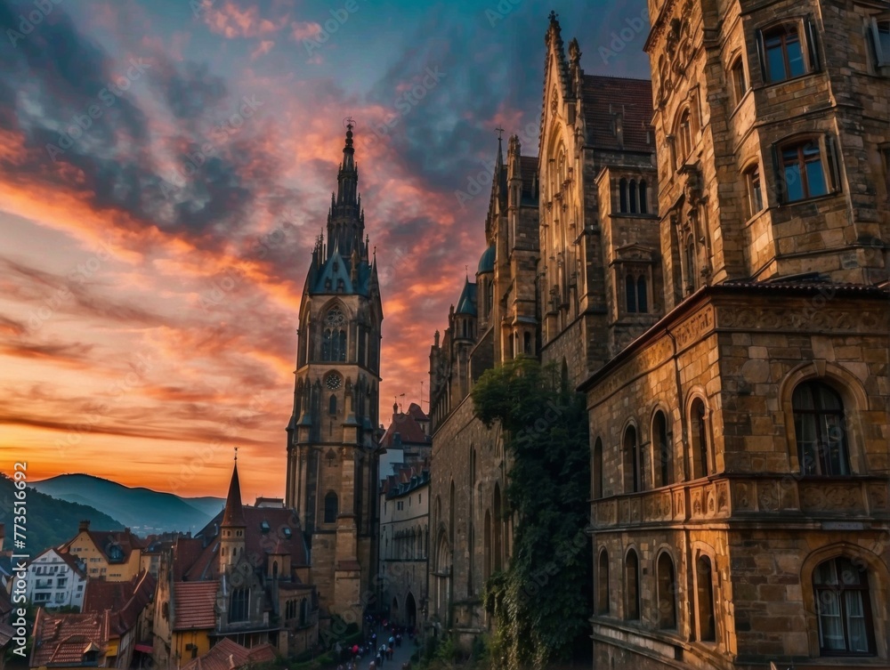 Fototapeta premium A city with tall buildings and a sunset in the background. Generative AI.