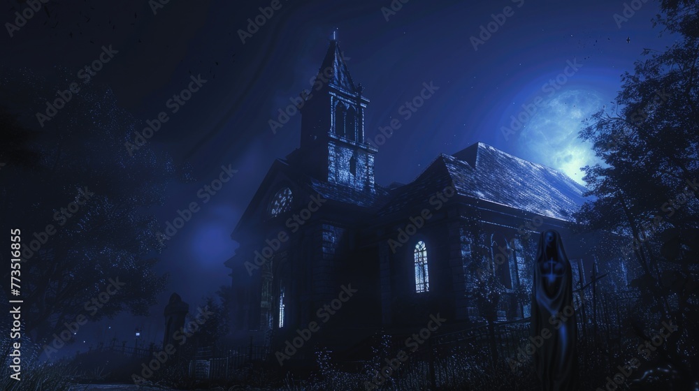 An old church with a spooky roof at night. Suitable for Halloween-themed designs An old church with a spooky roof at night. Suitable for Halloween-themed designs