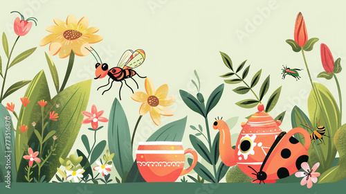 A delightful garden tea party with charming insect guests and blooming flowers, portrayed in a cute cartoon vector illustration © baseer