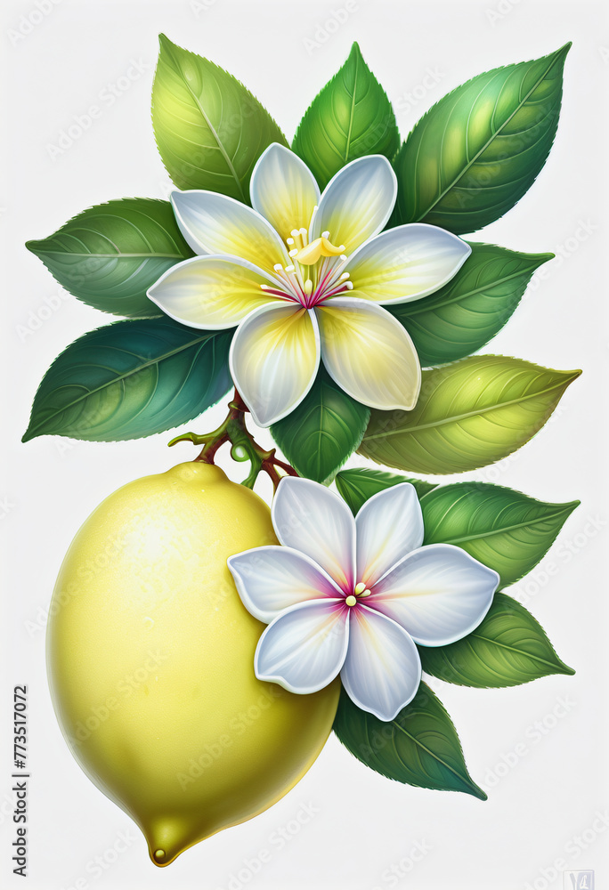 Drawing of lemon and leaf with flower on white background Drawing of lemon and leaf with flower on white background
