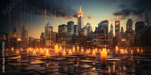 Candles on the background of New York City. 3D rendering
