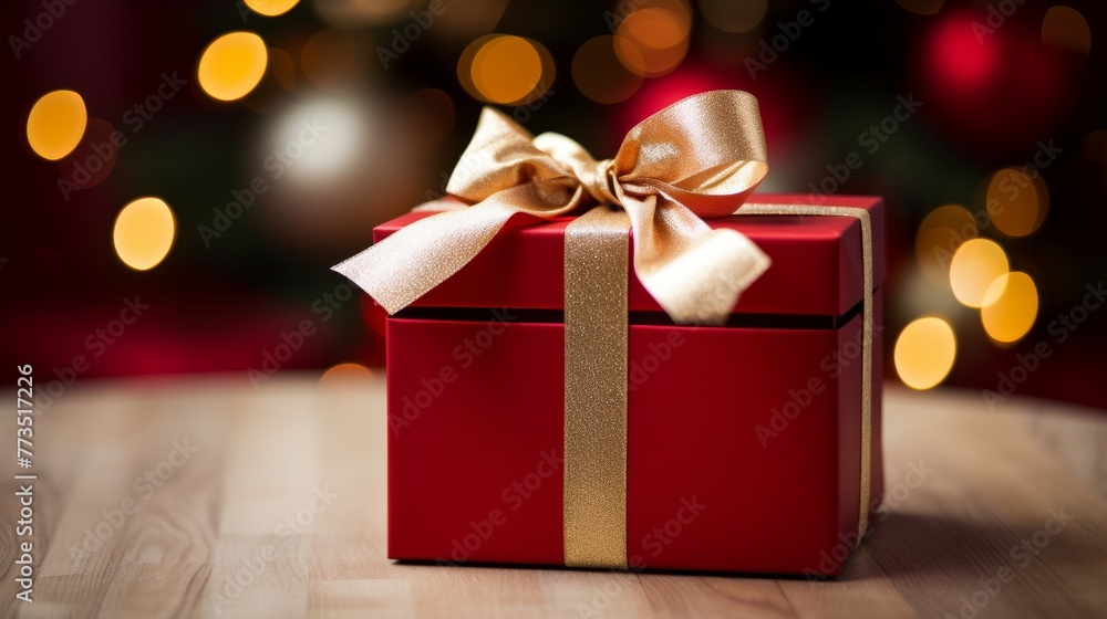 A red gift box adorned with a shiny gold ribbon and bow A red gift box adorned with a shiny gold ribbon and bow