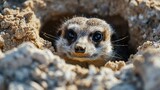 A meerkat peeks out of a hole in the ground. Generative AI.