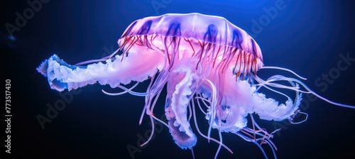 A jellyfish is floating in the dark water with its tentacles out. Generative AI.