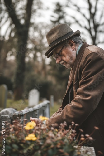 A man in a brown coat and hat looking at a grave. Suitable for funeral services promotions