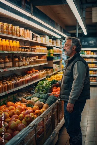 A man in a grocery store looking at the produce section. Generative AI. © serg3d