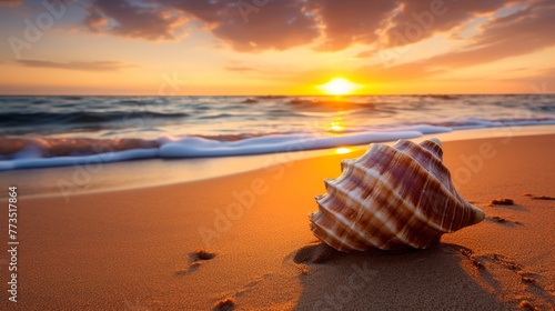 A sea shell rests on the sandy beach as the sunset