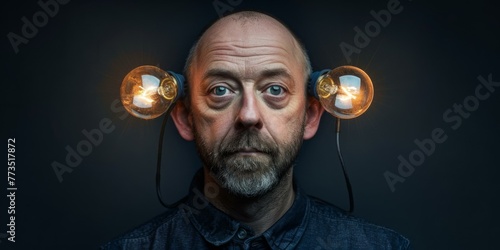 A man with two light bulbs on his head. Generative AI.