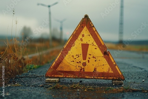 A warning sign on the side of a road, suitable for transportation safety concepts