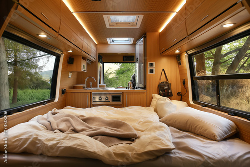 A camper home design with bedroom. Generative AI