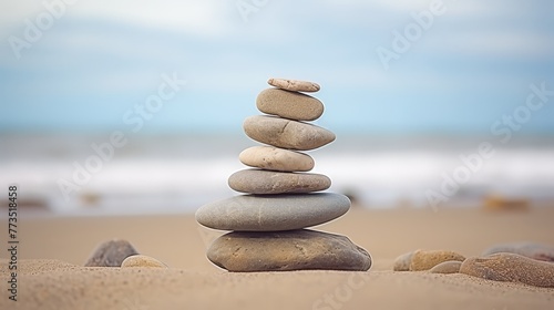A stack of rocks balanced on top of a sandy beach  creating a harmonious composition