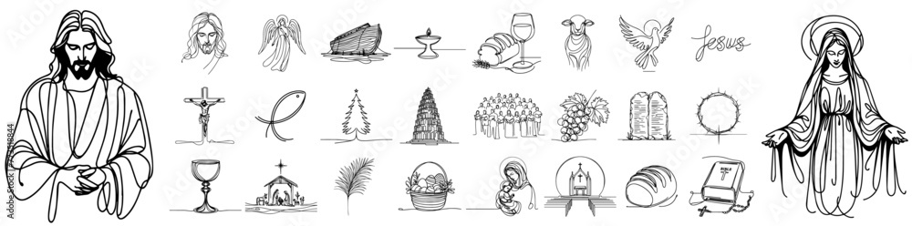 Obraz premium Religious, catholic, christian doodle icons collection set, vector simple line art monoline religious illustration, hand-drawn pattern laser cutting print engraving