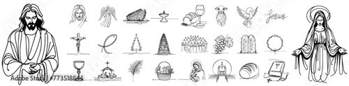 Religious, catholic, christian doodle icons collection set, vector simple line art monoline religious illustration, hand-drawn pattern laser cutting print engraving © Malgo