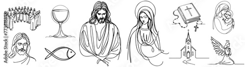 Religious, catholic, christian doodle icons collection set,  Jesus and Virgin Mary vector simple line art monoline religious illustration, hand-drawn pattern laser cutting print engraving photo