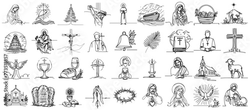 Religious, catholic, christian doodle icons collection set, vector simple line art monoline religious illustration, hand-drawn pattern laser cutting print engraving