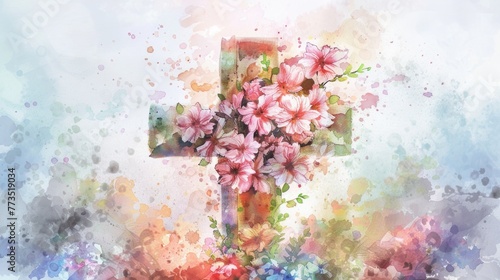 A beautiful watercolor painting of a cross with delicate flowers. Perfect for religious-themed projects or memorials