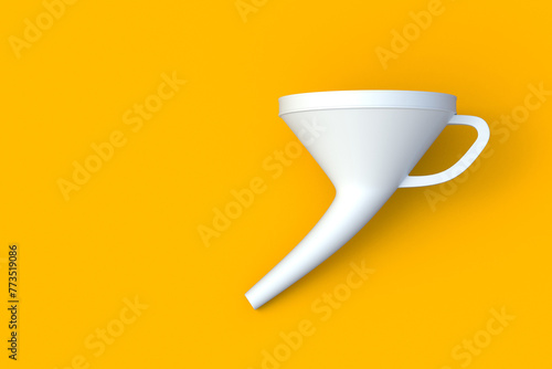 White funnel for fuel, oil or other liquid on orange background. Car accessory. Top view. Copy space. 3d render photo