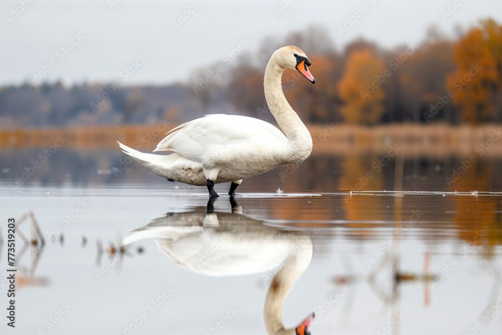 A mute swan with a complete reflection may be seen on the lake. A mute swan with a complete reflection may be seen on the lake.