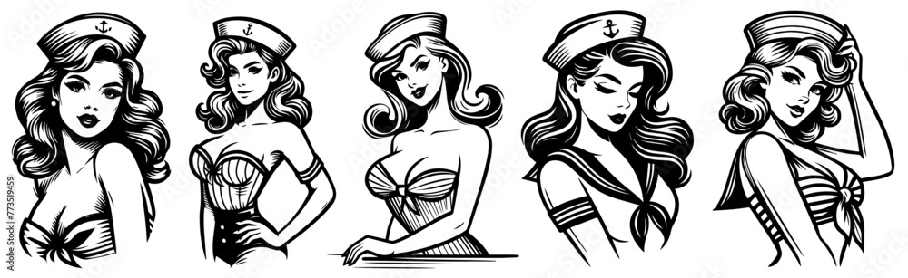 sailor pin-up girl vintage style, black silhouette vector, woman shape print, monochrome clipart retro pin up illustration, laser cutting engraving nocolor