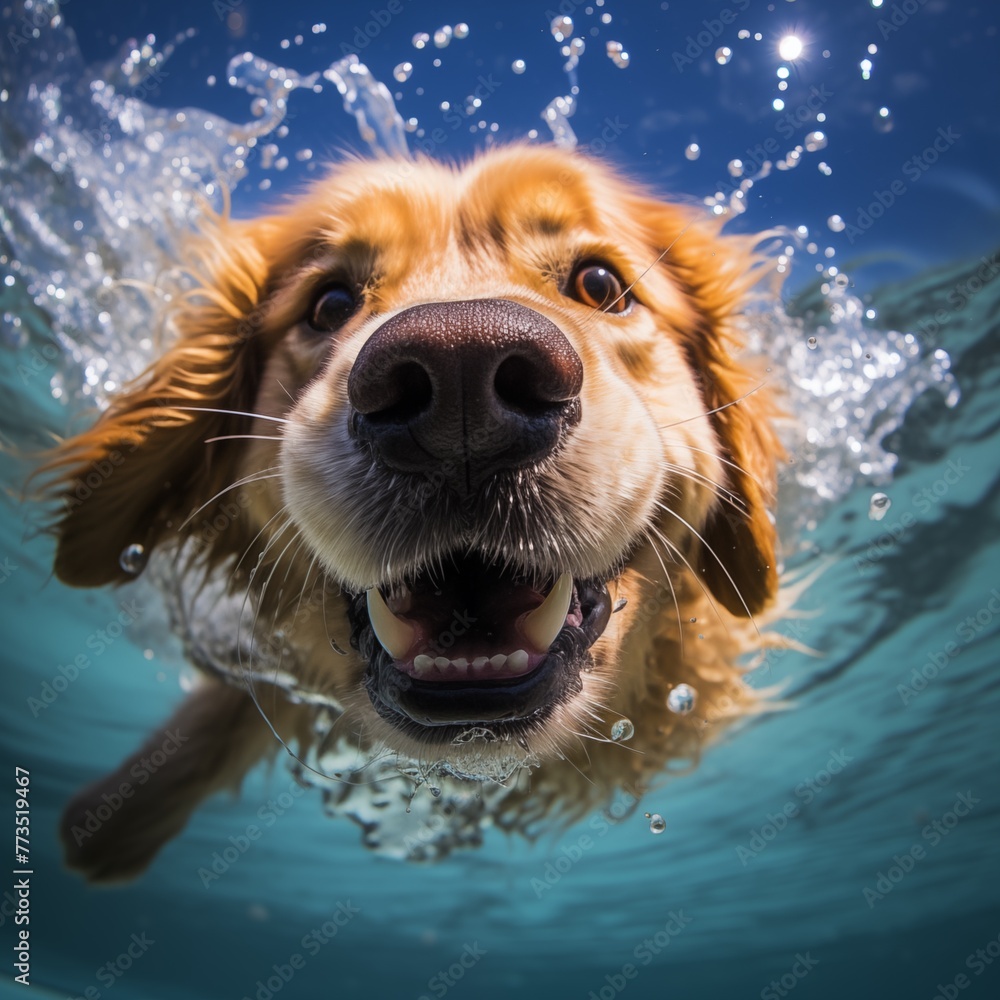 Golden retriever, labrador. Happy dog is swimming, jumping, diving deep down. Actions, training games with family pets and popular dog breeds on summer vacation. Underwater shoot