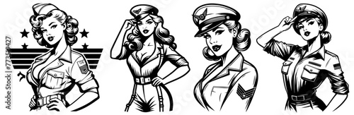 airplane pilot pin-up girl vintage style, black silhouette vector, comic cute woman shape print, monochrome clipart retro pin up illustration, laser cutting engraving nocolor