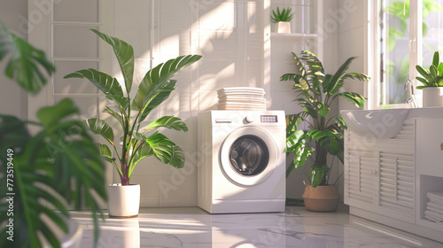 White Laundry Room Interior with Modern Washing Machine