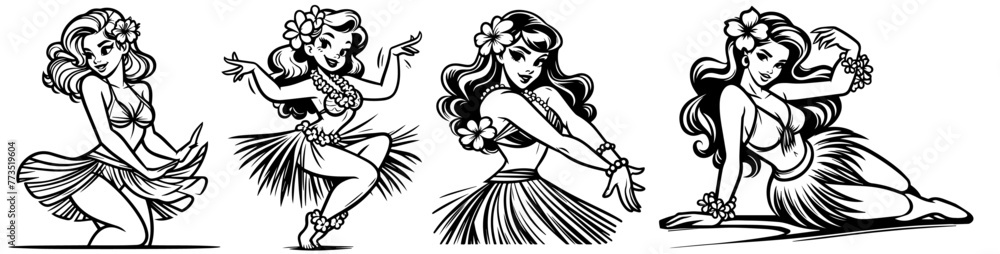hawaiian tropic dance pinup woman retro style, black vector nocolor silhouette, pin up girl vintage monochrome clipart illustration, laser cutting engraving old style, comic character design