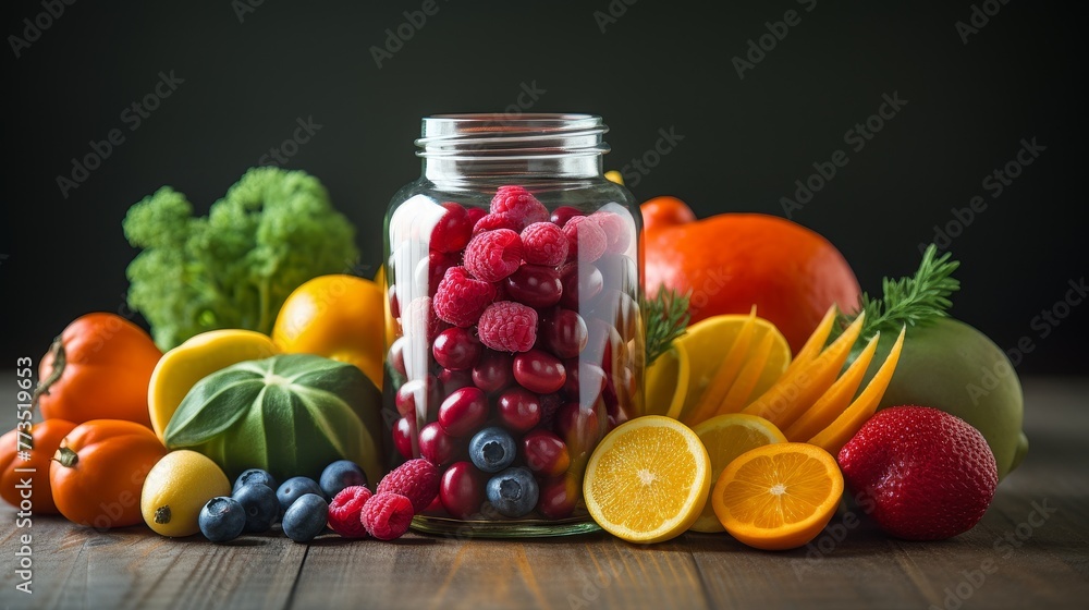A vibrant image showcasing a variety of colorful fruit and vegetable power supplement capsule. A vibrant image showcasing a variety of colorful fruit and vegetable power supplement capsule.