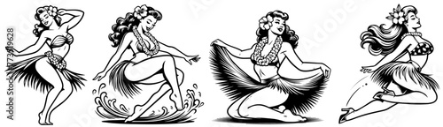 hula dance pinup woman retro style, black vector nocolor silhouette, pin up girl vintage monochrome clipart illustration, laser cutting engraving old style, comic character design photo