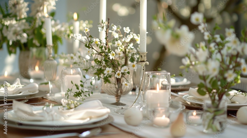 A beautiful table adorned with white flowers and candles, perfect for a romantic event or wedding celebration