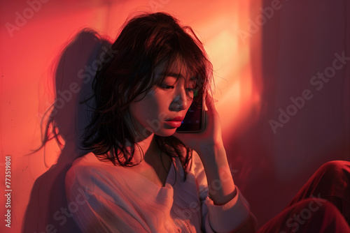 Serious Concerned Focused Asian Woman Looking at and Using Smartphone