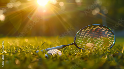 Golden sunset over a badminton racket and shuttlecock. © SuperGlück