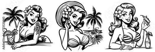 on the beach pinup woman retro style, black vector nocolor silhouette, pin up girl vintage monochrome clipart illustration, laser cutting engraving old style