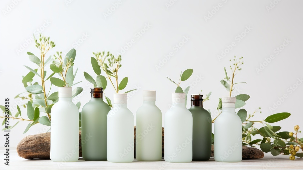 esthetic arrangement of eucalyptus and dropper bottles on a white surface esthetic arrangement of eucalyptus and dropper bottles on a white surface