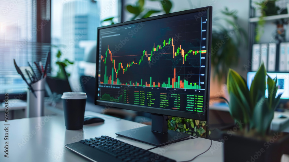 Modern Office Setup, Desktop Computer with Stock Market Candlestick Chart