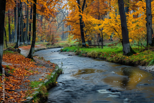A peaceful autumn landscape with a winding river flowing through colorful trees. © Muhammad