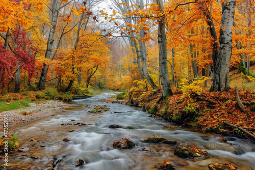A peaceful autumn landscape with a winding river flowing through colorful trees.