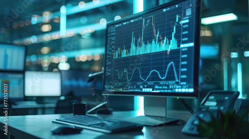 Modern Office Setup, Desktop Computer with Stock Market Candlestick Chart