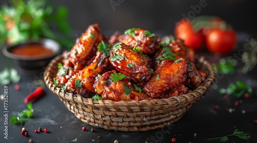 Buffalo wings baskets isolated on dark background. Closeup of basket with spicy wings isolated on dark background with natural lighting. Display  whole and side views. Frontal full view. Lifestyle